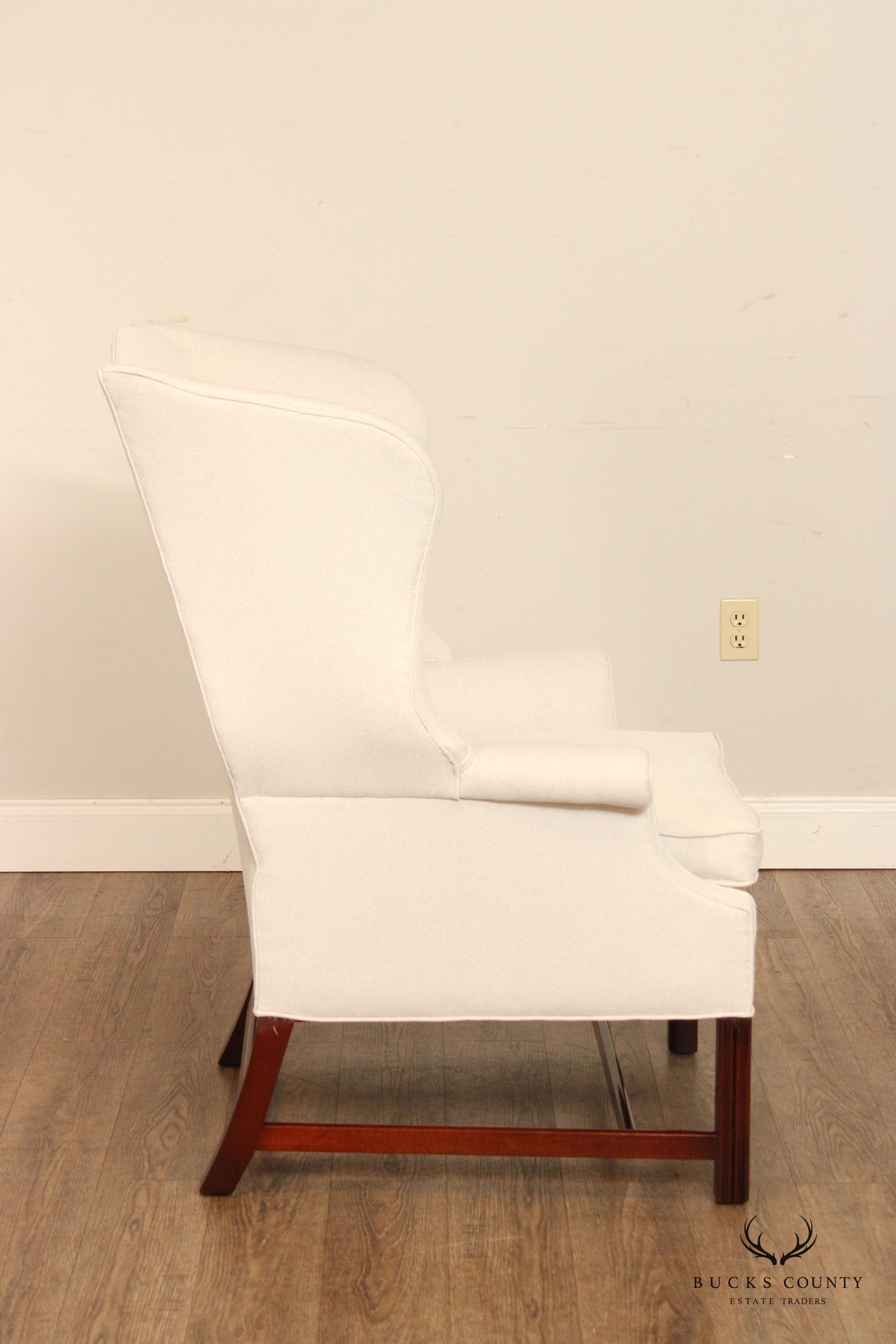 Saybolt Cleland Chippendale Style Pair Custom Upholstered Mahogany Wingback Chairs