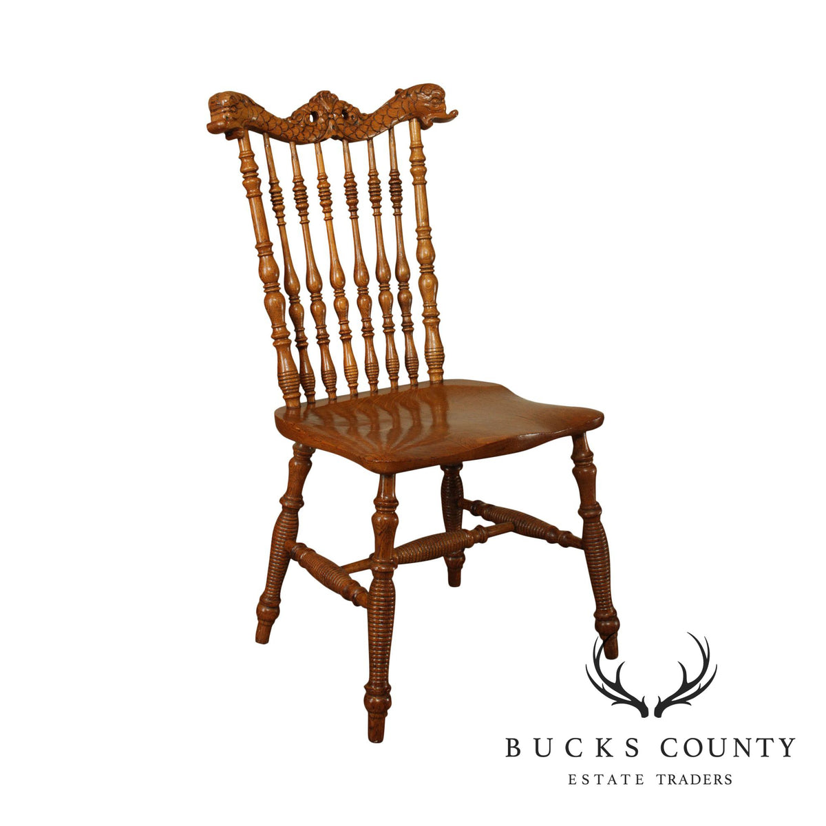 Antique Victorian Oak Turned Spindle Side Chair With Curved Dolphins