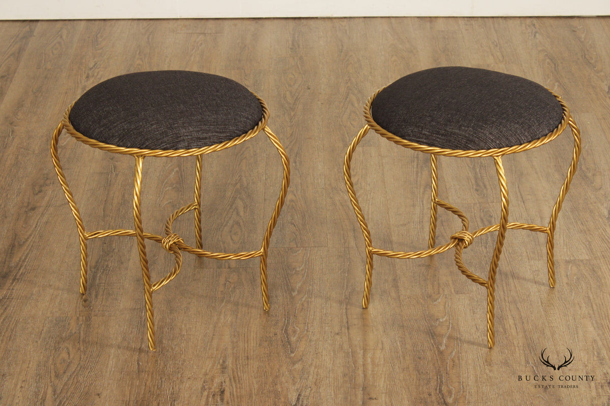 Hollywood Regency Pair of Gilt Metal Rope Twist Stools