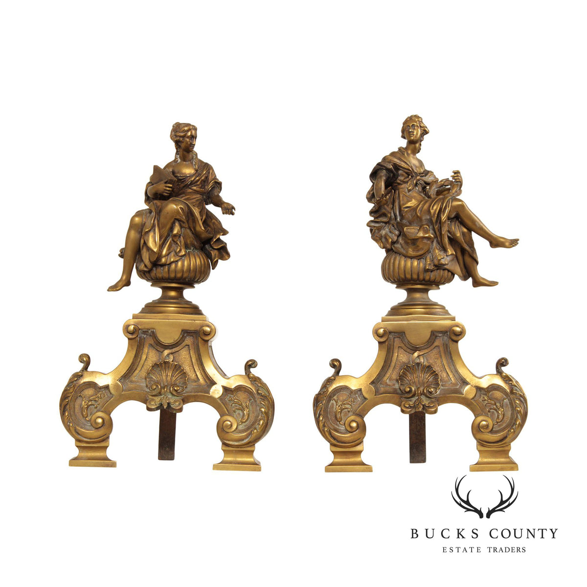 Antique 19th C. French Neoclassical Pair of Brass Chenets
