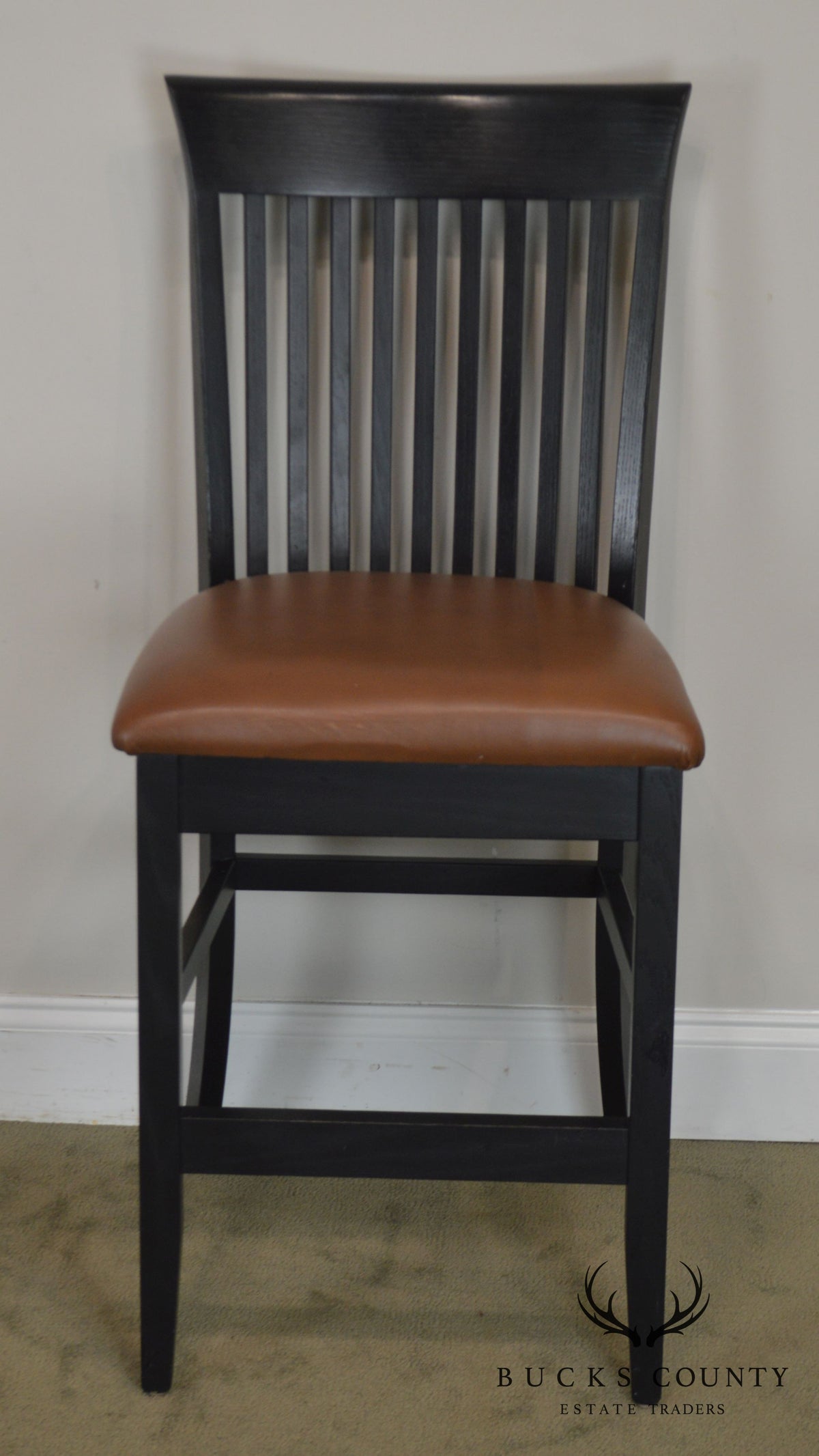 F & N Woodworking Pair Black Bar Stools with Brown Leather Seats