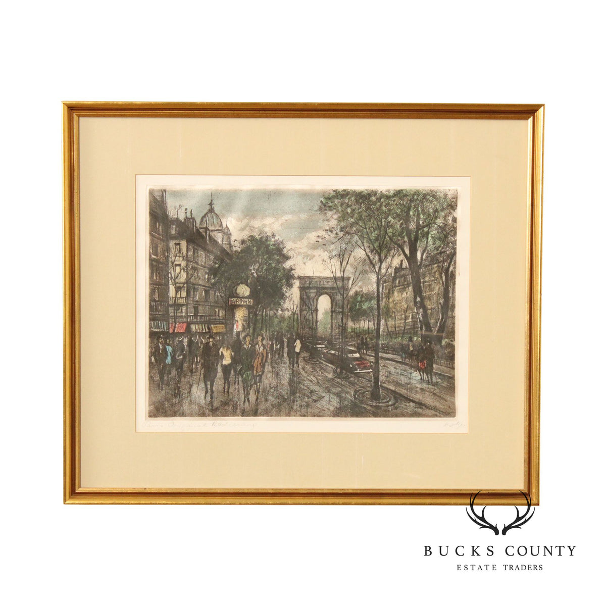 Vintage 20th C. 'Paris' Street Scene Colored Etching, Custom Framed