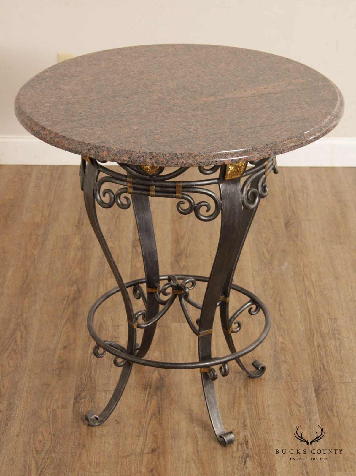 Labarge Neoclassical Style Wrought Iron Stone Top Round Pub Table