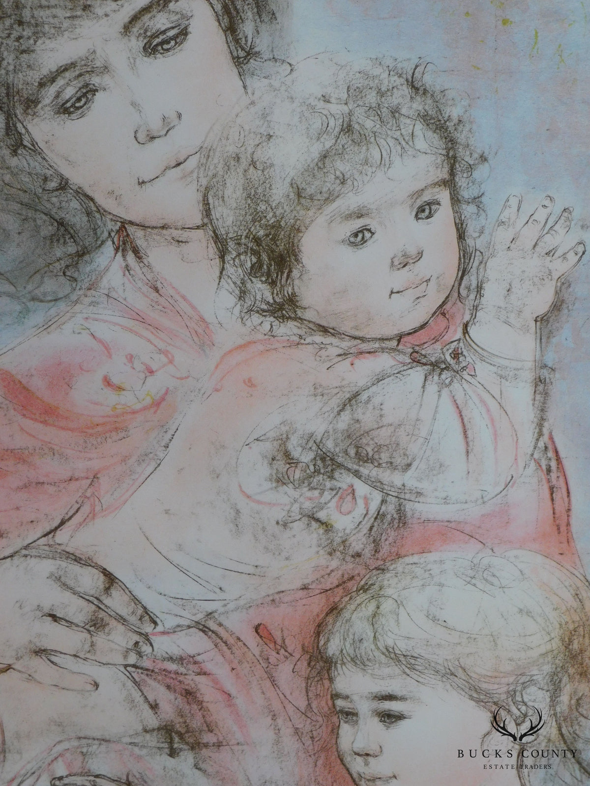 Edna Hibel Signed Framed Limited Edition Color Lithograph "Mother and Two Children" # 155/295
