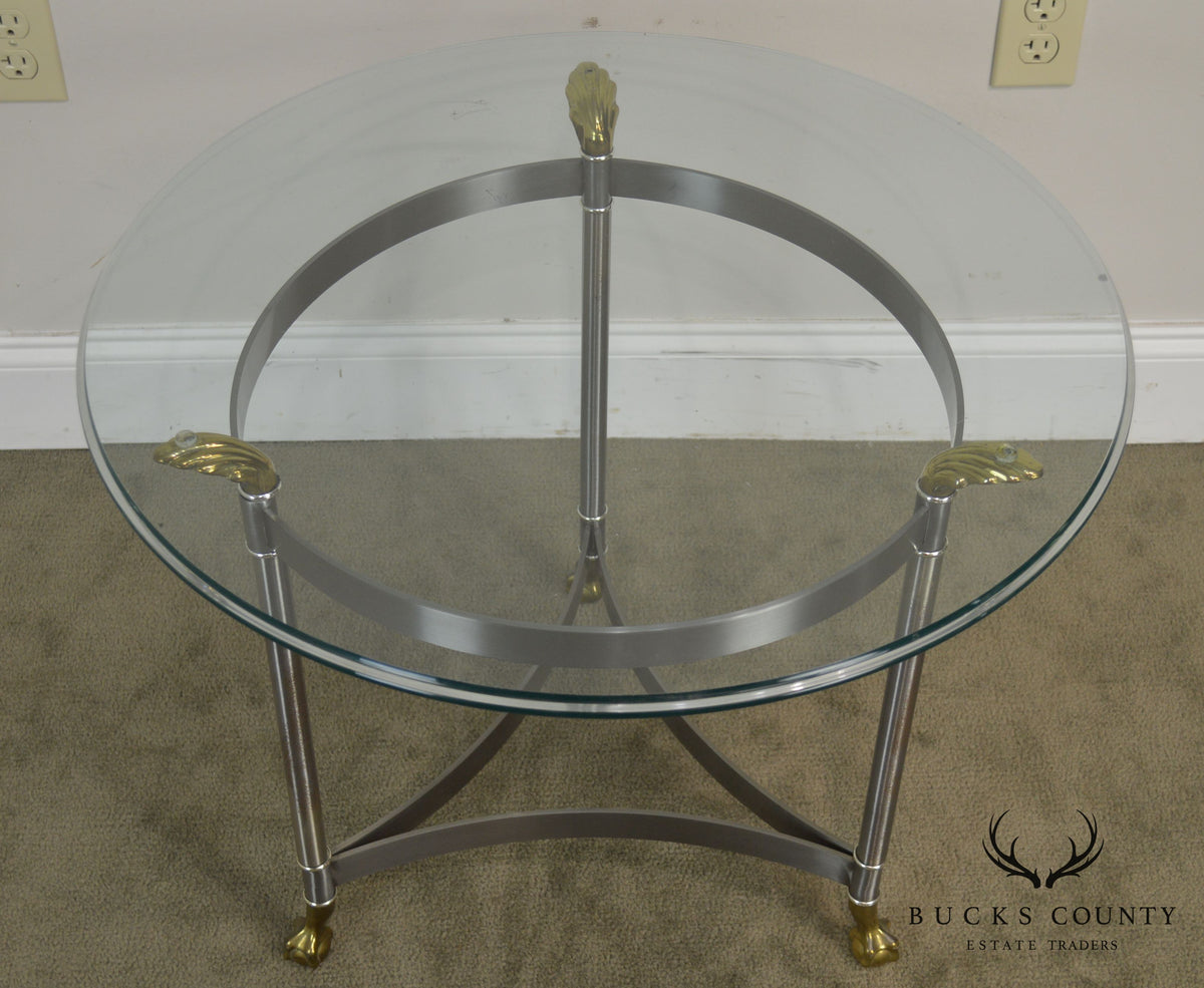 Directoire Style Brushed Steel & Brass Round Glass Top Side Table