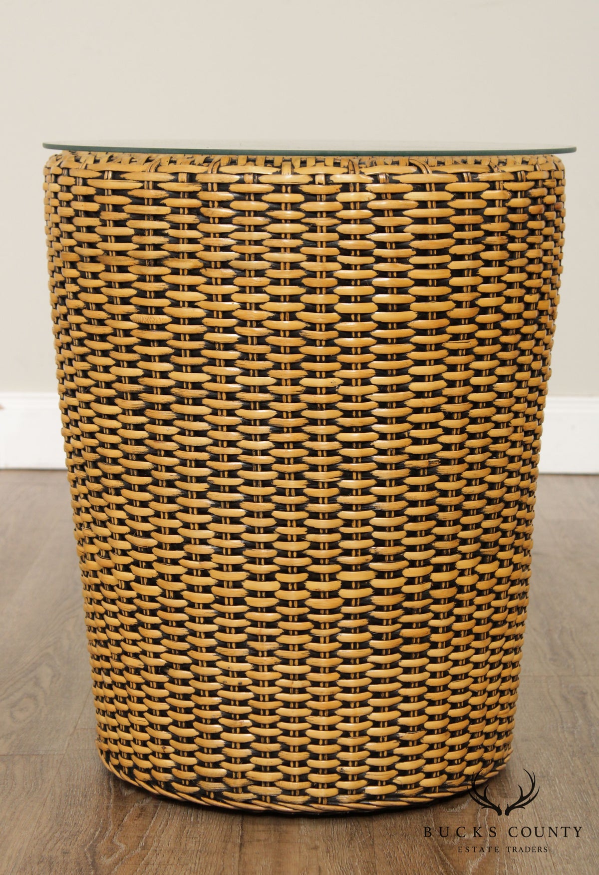 Vintage Woven Wicker Rattan Glass Top Round Side Table
