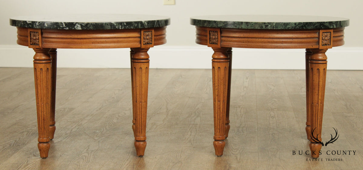 French Louis XVI Style Vintage Walnut Pair Round Marble Top Side Tables