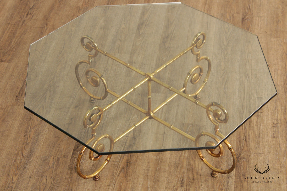 Hollywood Regency Faux Bamboo Gilt Metal Glass Top Coffee Table