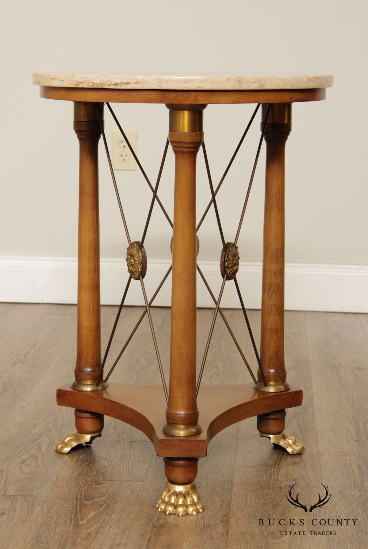Neo Classical Style Vintage Round Marble Top Brass Footed Side Table