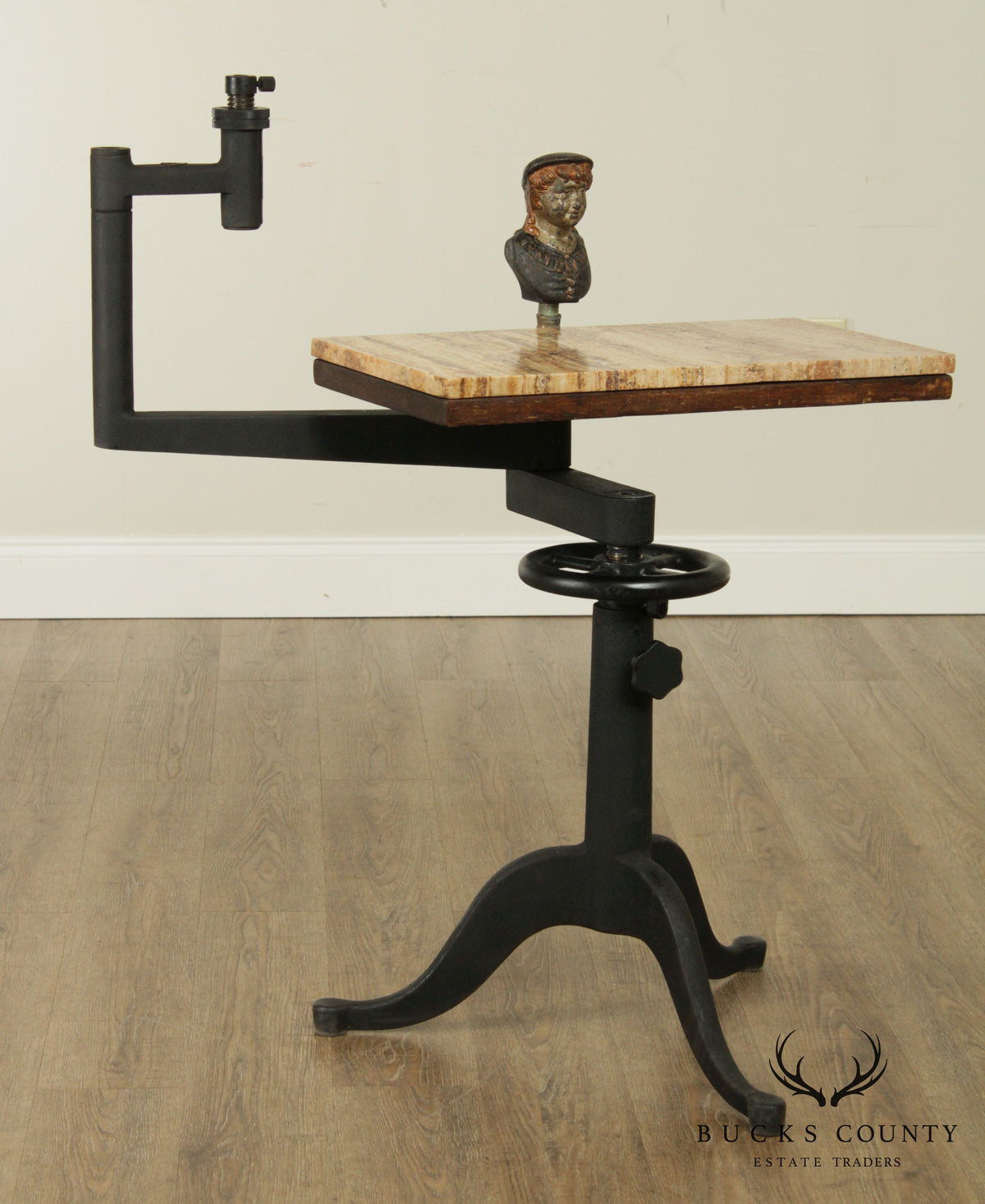 Industrial Work Table Converted to Side Table with Marble Top
