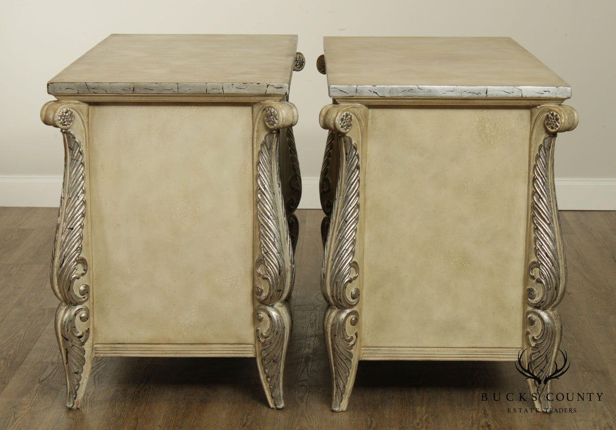 Rococo Style Custom Pair Silver Leaf Foliage 2 Door Commodes Servers