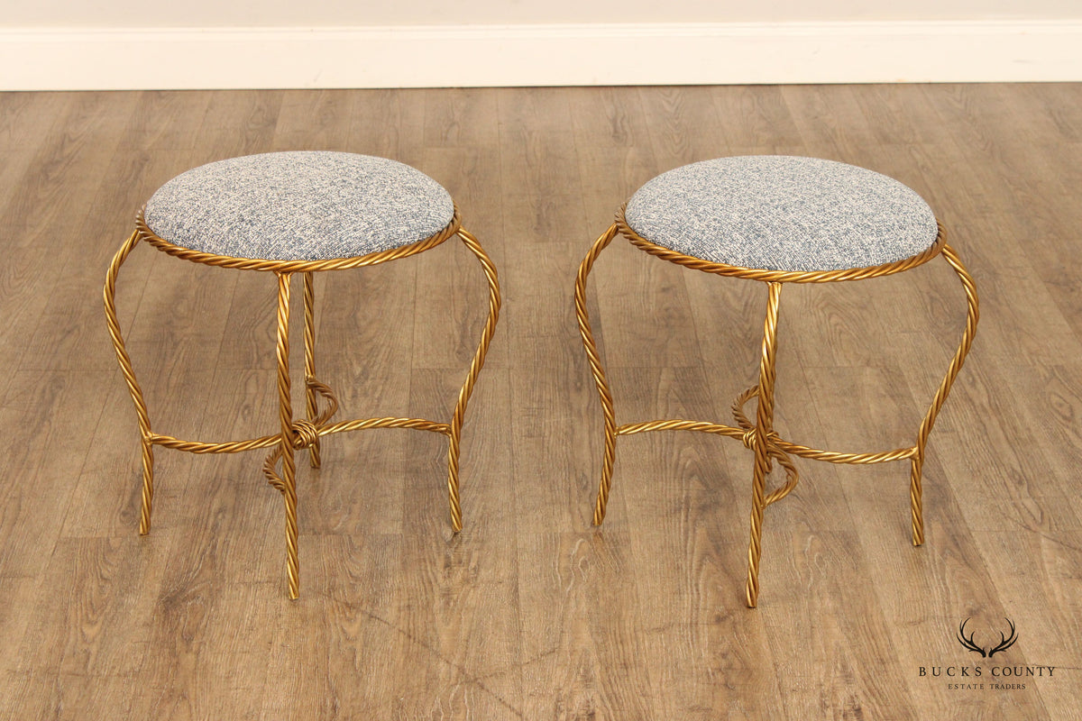 Hollywood Regency Pair of Gilt Metal Rope Twist Stools