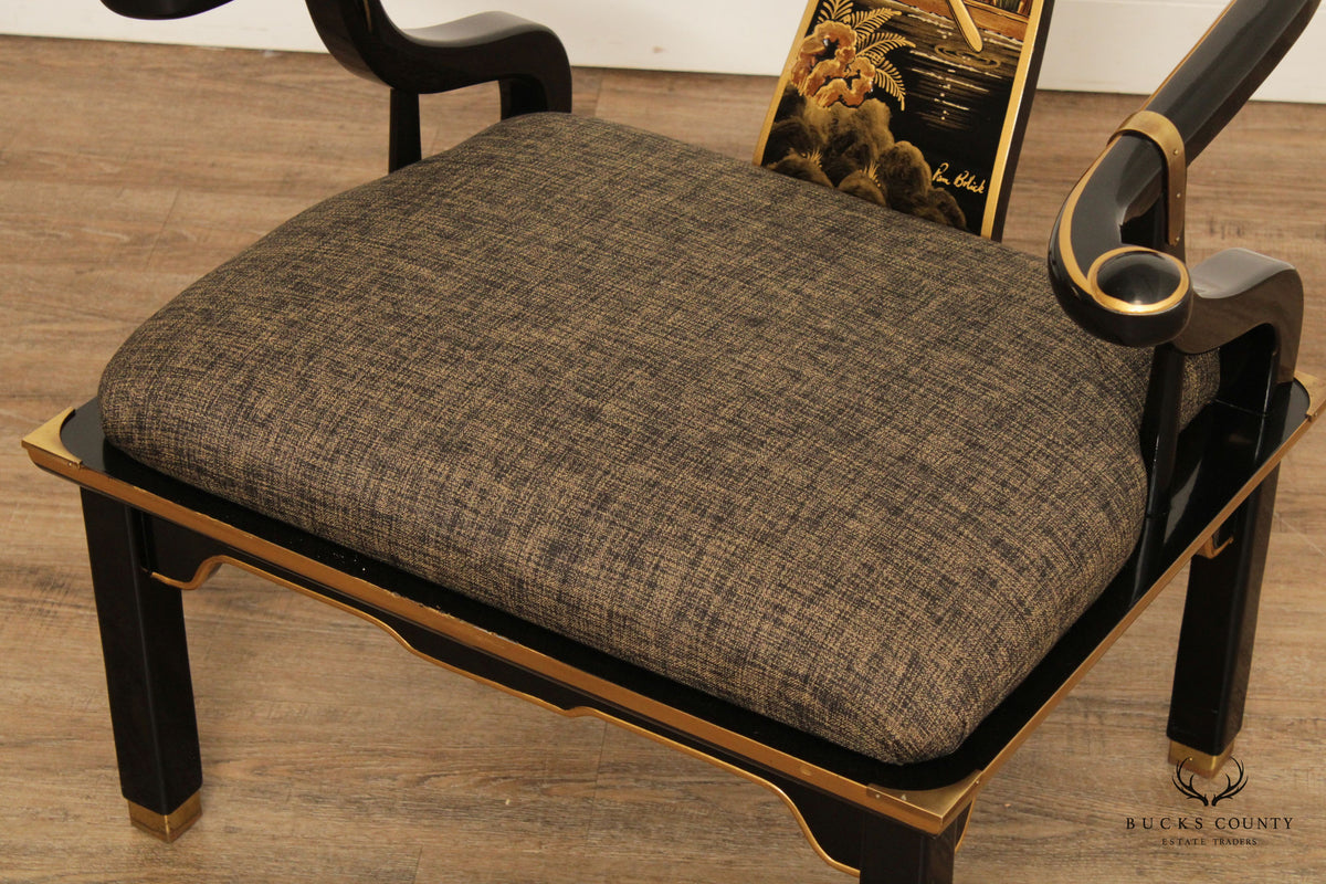 Chinoiserie Decorated Black Lacquer Pair of Horseshoe Armchairs