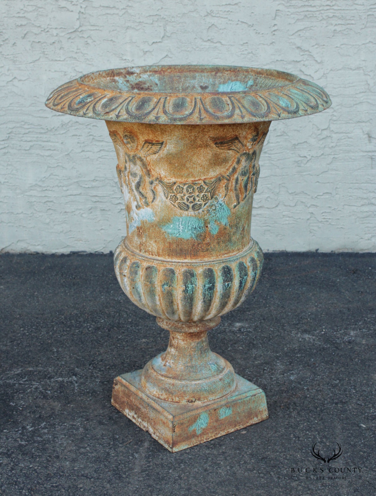 French Style Large Verdigris Cast Iron Garden Urn Planter