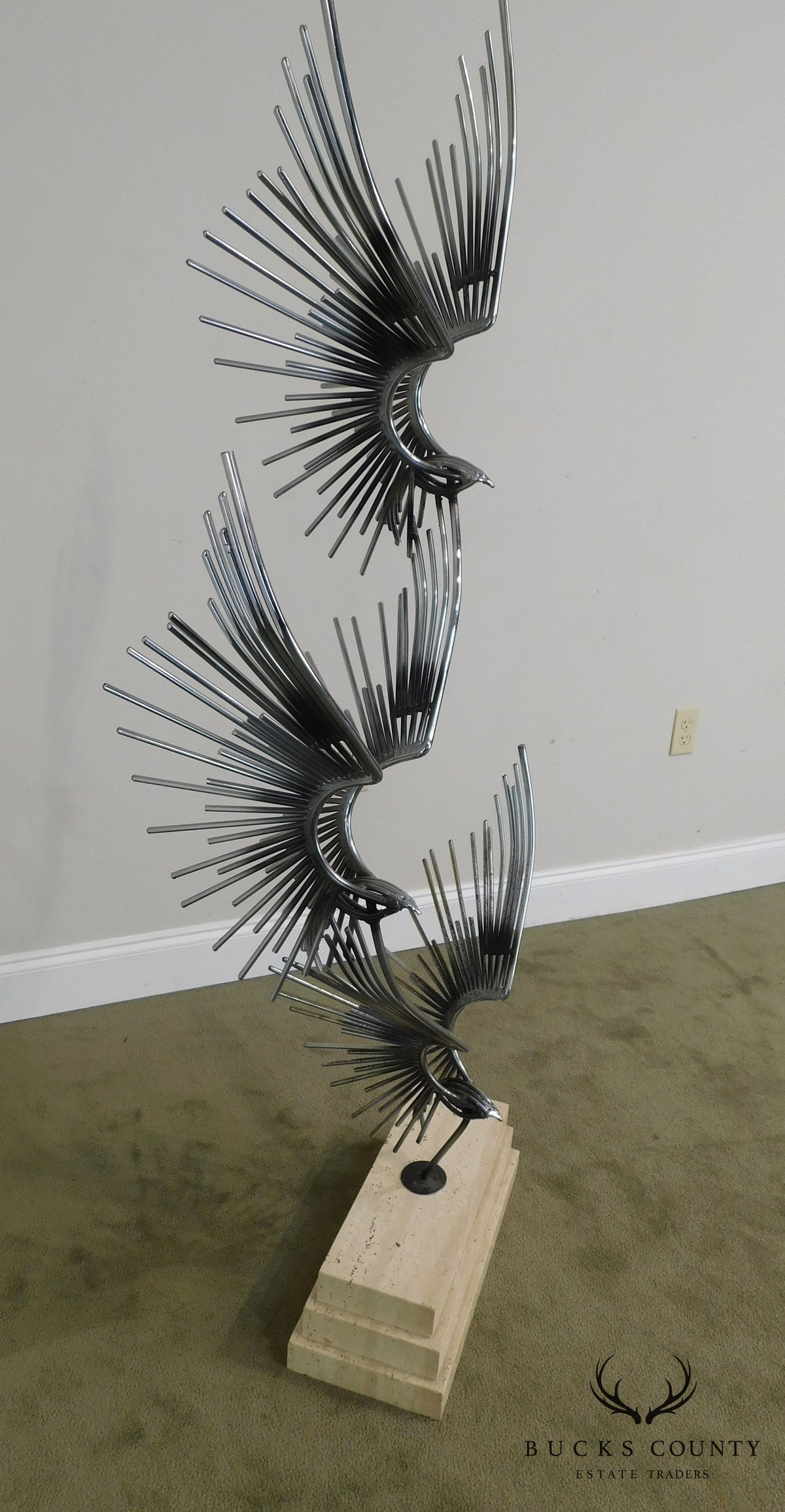 Curtis Jere "Birds in Flight" Pair Large Metal Sculptures on Travertine Bases