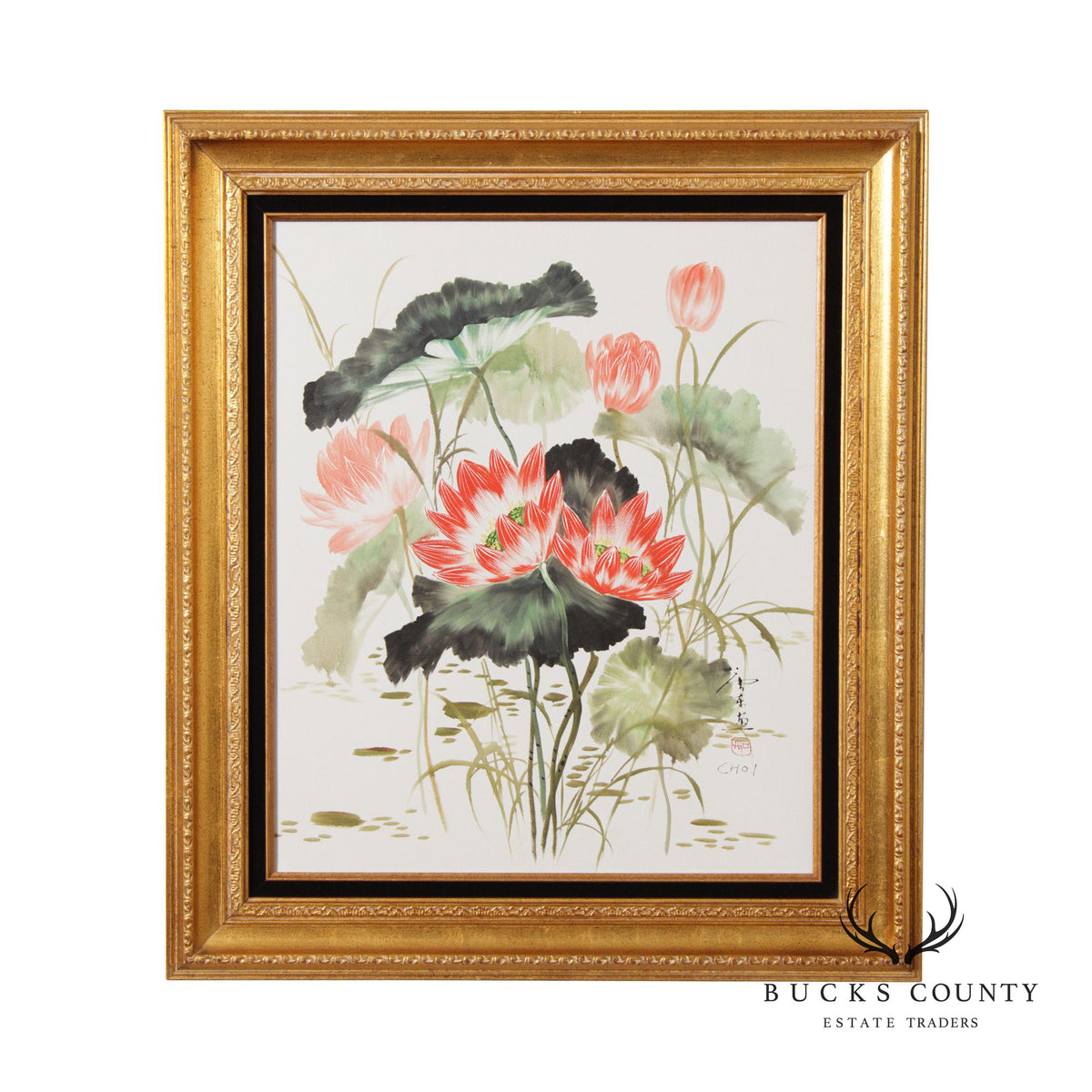 Vintage Chinese Water Lily Watercolor Painting