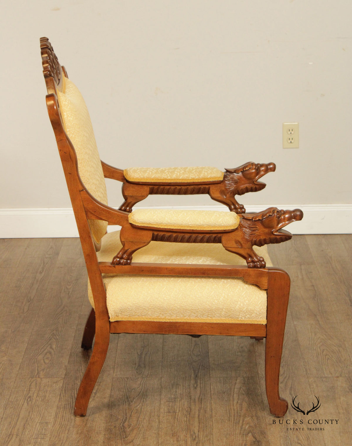 Antique French Empire Style Carved Maple and Beech Fauteuil Armchair