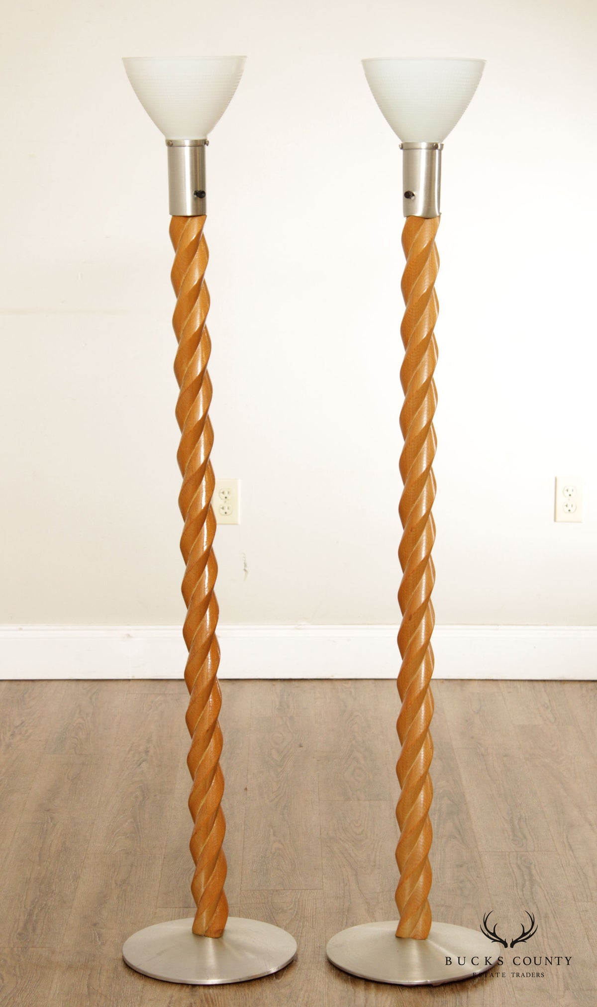 Russel Wright Mid Century Modern Pair of Oak Spiral Torchiere Floor Lamps