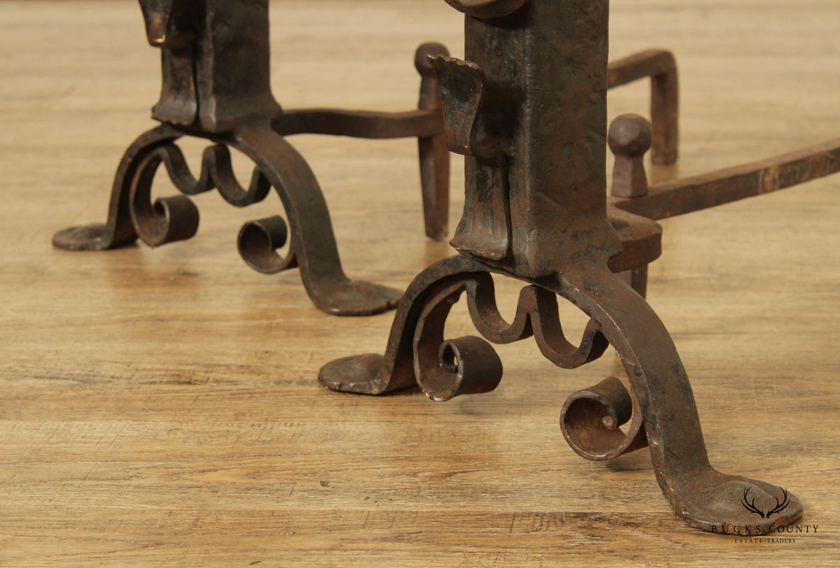 Arts & Crafts Antique Pair of Wrought Iron Andirons