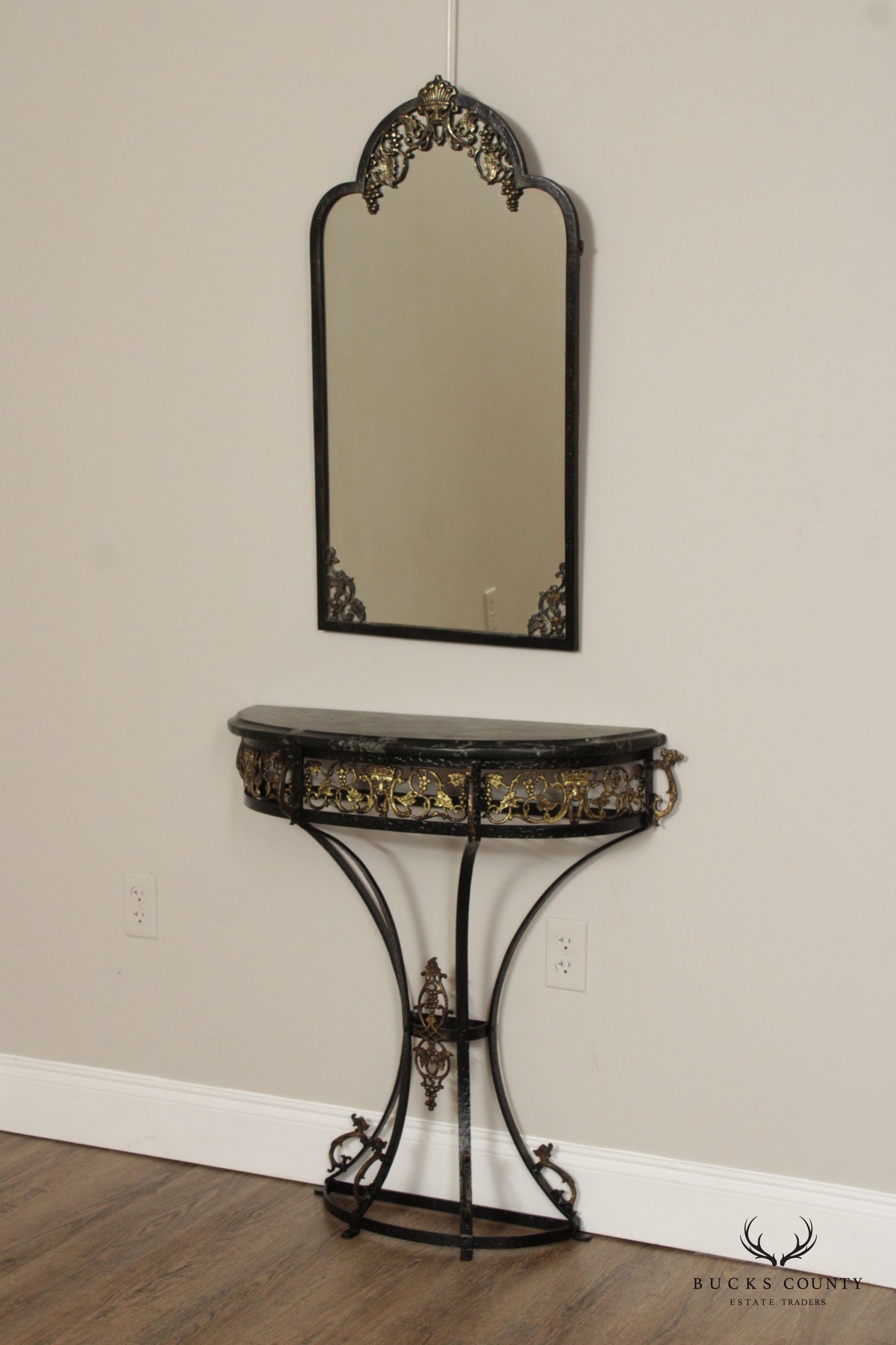 Art Deco Oscar Bach Style Marble Top Wrought Iron Console and Mirror