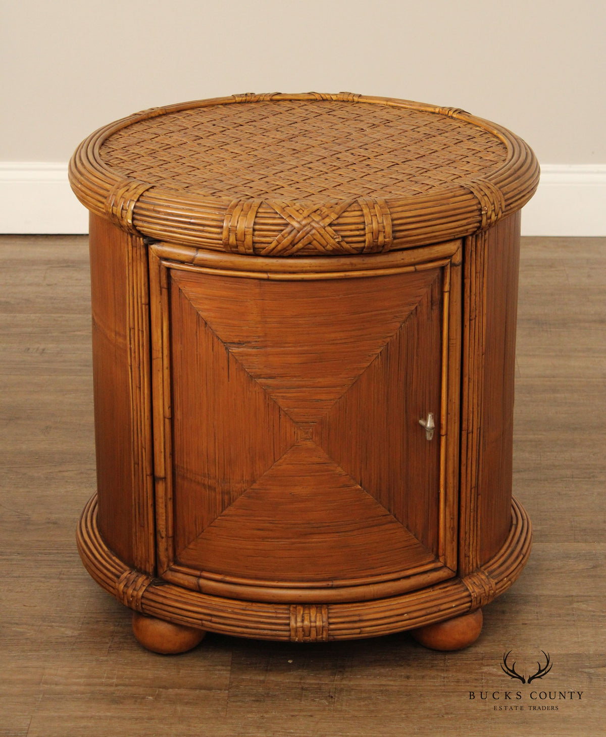Bamboo and Rattan Circular Glass Top Drum Style Side Table