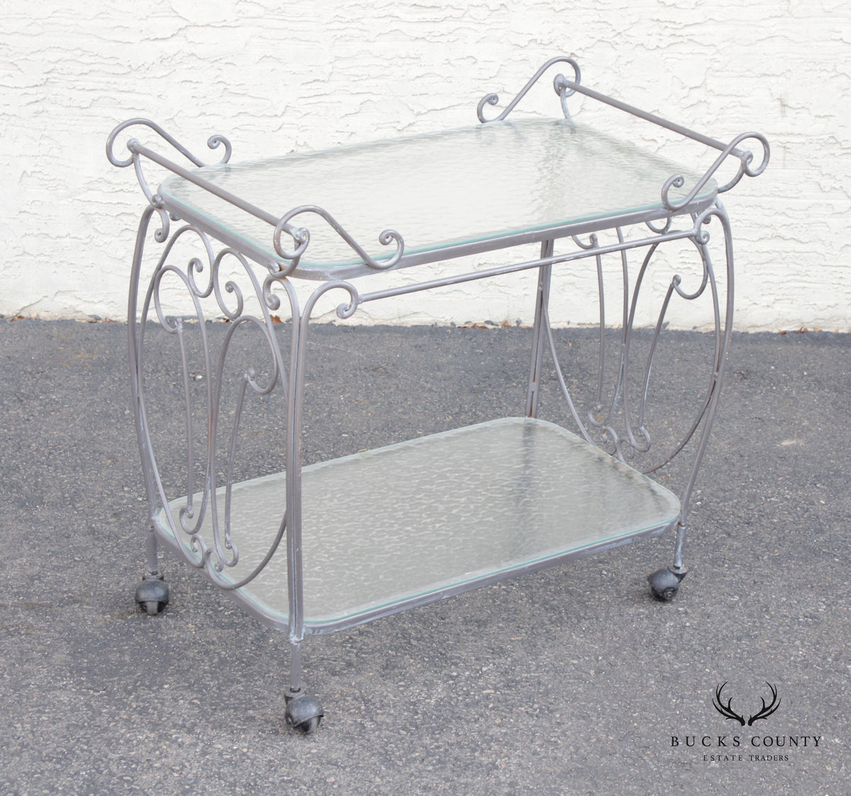 French Style Vintage Wrought Iron Scroll Two-Tier Outdoor Bar or Serving Cart