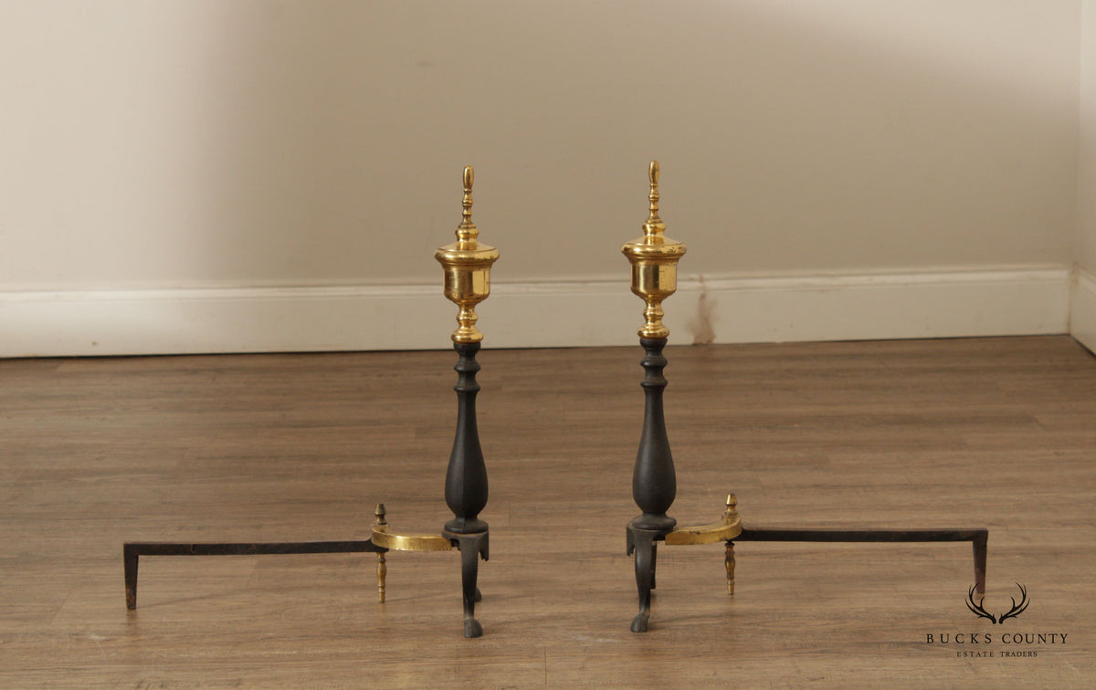 Federal Style Brass and Cast Iron Pair of Andirons