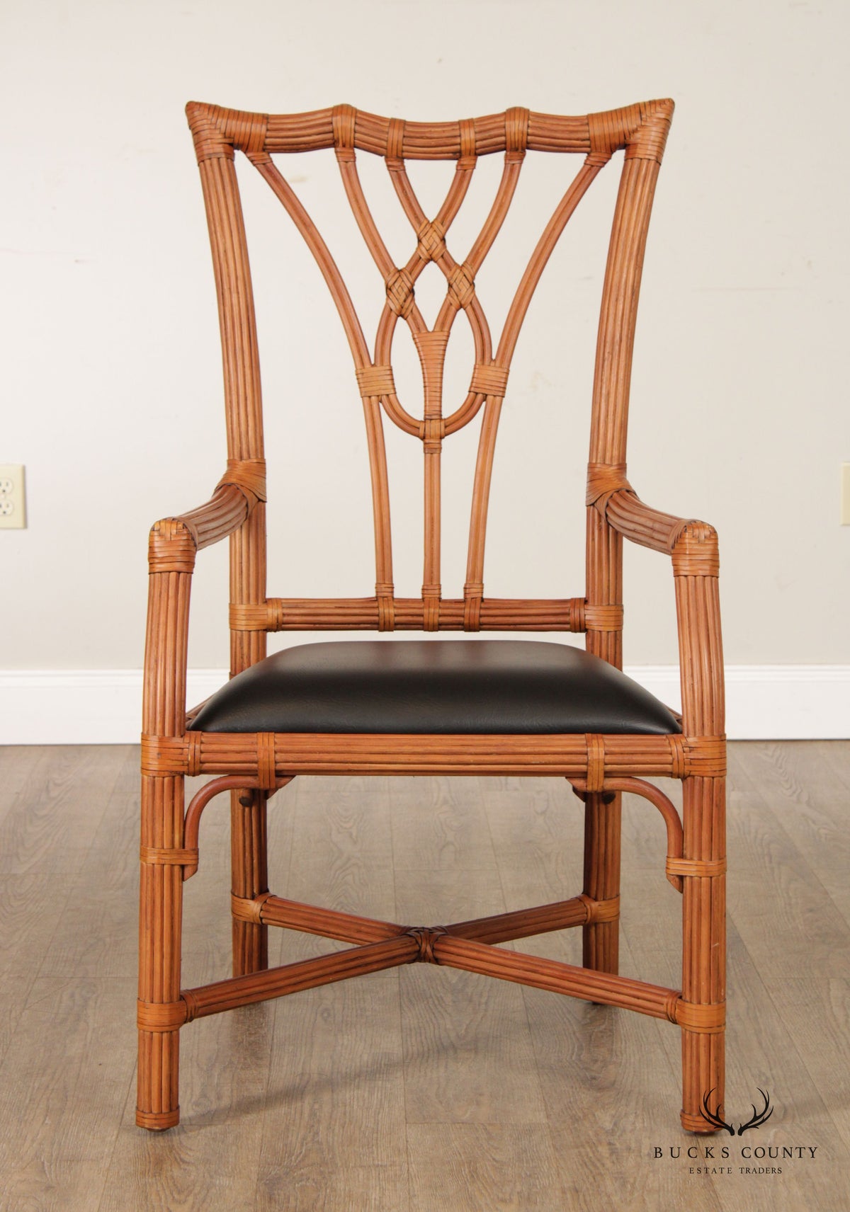 Chippendale Style Split Reed Rattan Pair of Armchairs