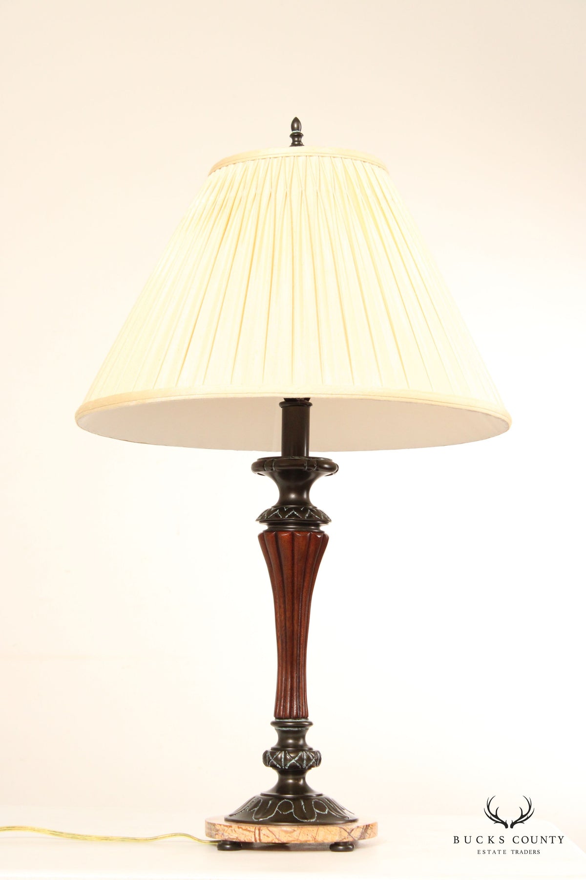Traditional Bronze, Wood and Marble Candlestick Table Lamp