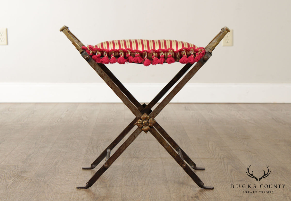 Art Deco Period Vintage Wrought Iron And Brass X Base Bench